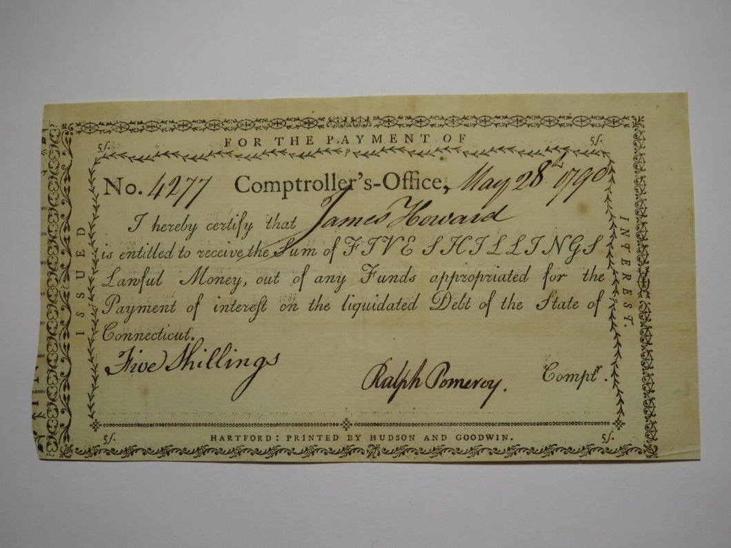 1790 5 Shillings Connecticut Comptroller's Office Colonial Currency Note Pomeroy