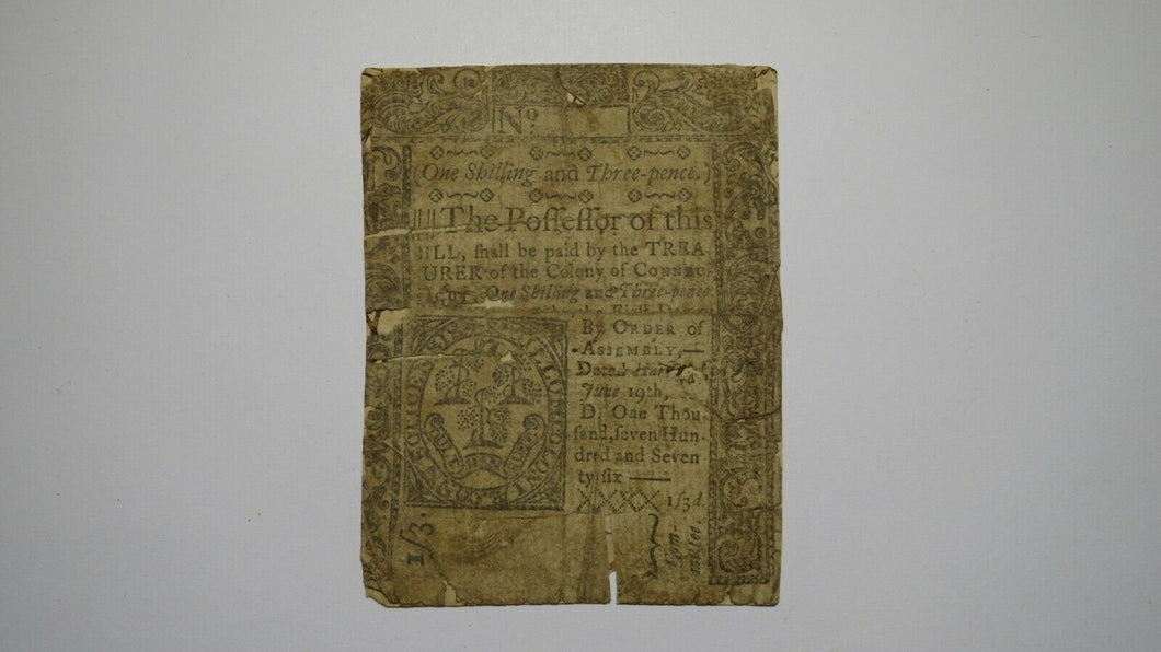1776 One Shilling Three Pence Connecticut Colonial Currency Note Bill RARE 1s3d