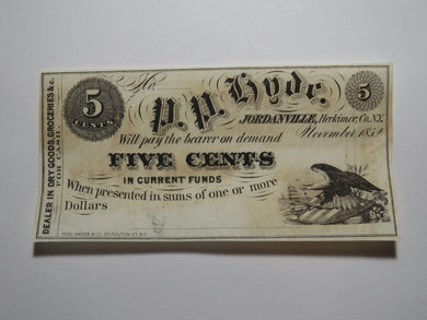 $.05 1852 Jordanville New York Obsolete Currency Bank Note Bill P.P. Hyde UNC+++