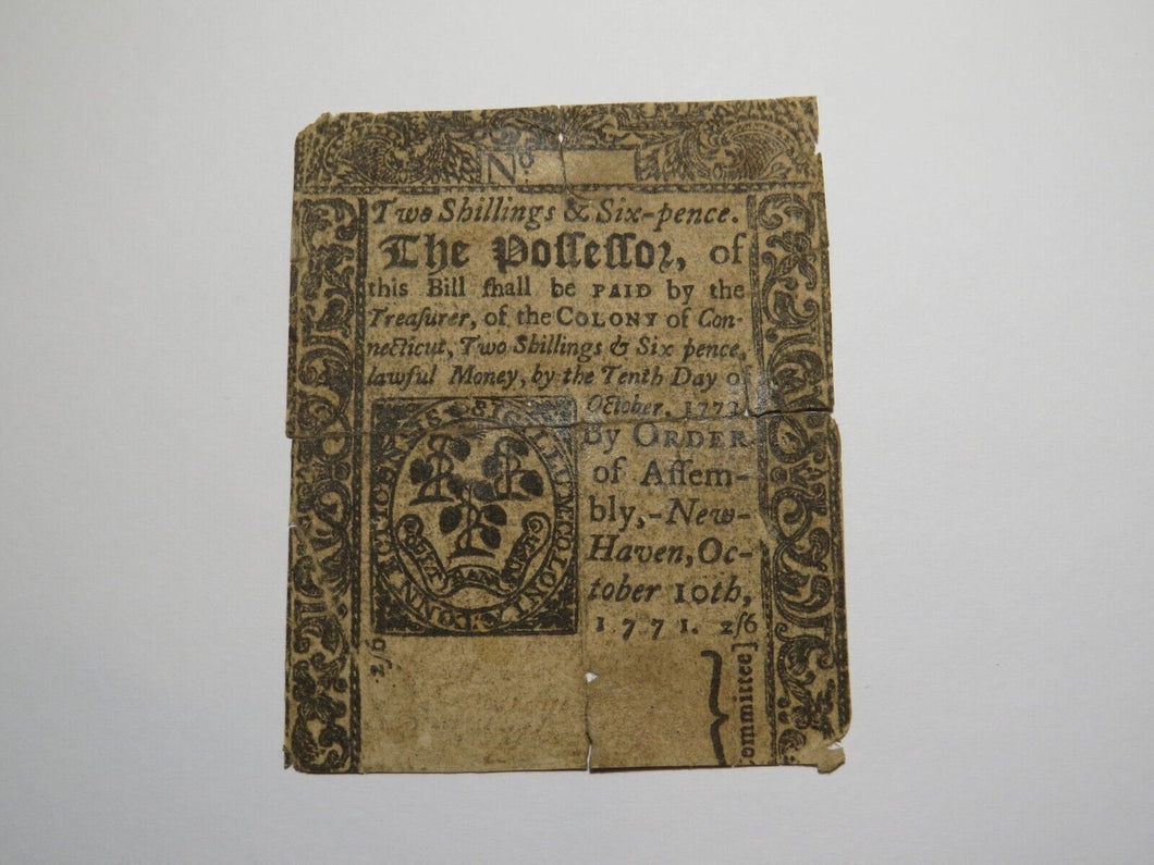 1771 Two Shillings Six Pence Connecticut CT Colonial Currency Note Bill 2s6d