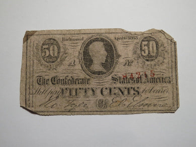 $.50 1863 Richmond Virginia VA Confederate Currency Bank Note Bill RARE T63