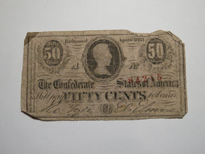 $.50 1863 Richmond Virginia VA Confederate Currency Bank Note Bill RARE T63