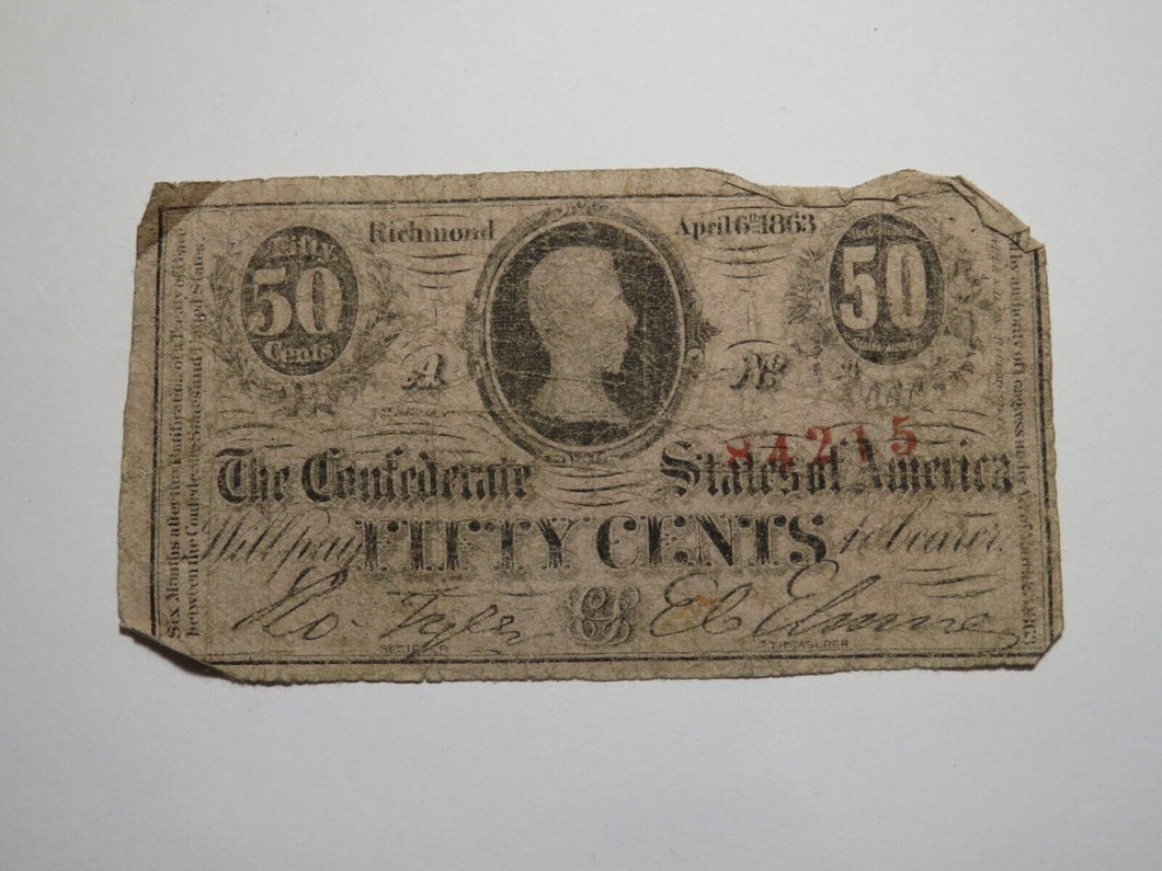 $.50 1863 Richmond Virginia VA Confederate Currency Bank Note Bill RARE T63