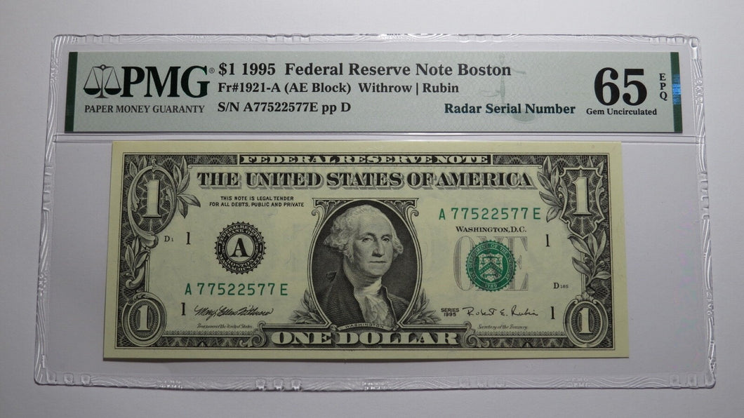 $1 1995 Radar Serial Number Federal Reserve Currency Bank Note Bill PMG UNC65EPQ