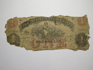 $1 1862 Richmond Virginia VA Obsolete Currency Treasury Bank Note Bill RARE