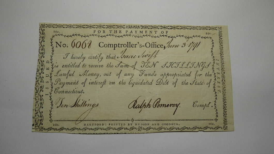 1791 10 Shillings Connecticut Comptrollers Office Colonial Currency Note Pomeroy