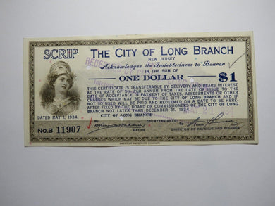 $1 1934 Long Branch New Jersey NJ Obsolete Currency Bank Note Scrip City of LB