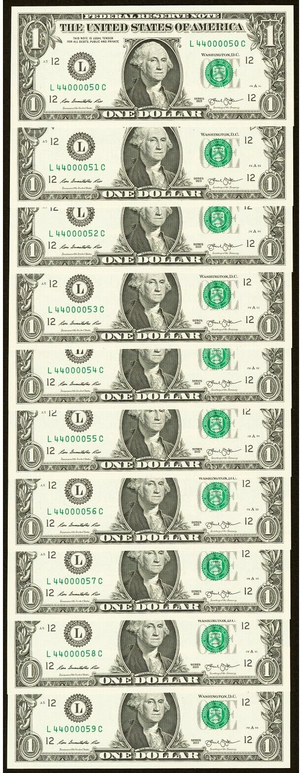 10 $1 2013 Fancy Serial Numbers Consecutive Federal Reserve Bank Note Bills UNC+