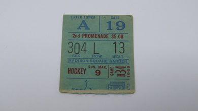 March 9, 1969 New York Rangers Vs. Montreal Canadiens NHL Hockey Ticket Stub