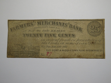 $.25 1862 Middletown Point New Jersey Obsolete Currency Bank Note Bill Keyport