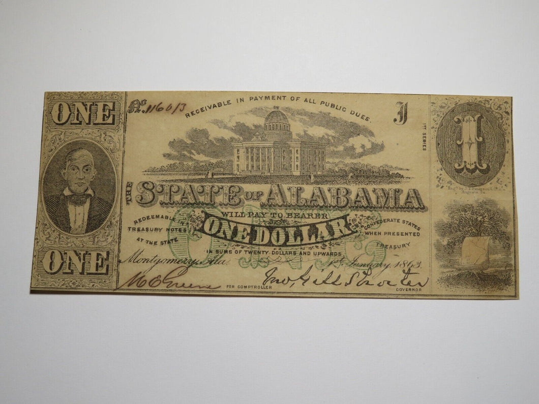 $1 1863 Montgomery Alabama AL Obsolete Currency Bank Note Bill State of AL AU+
