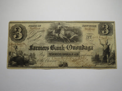 $3 1850's Onandaga Valley New York NY Obsolete Currency Note Bill Farmers Bank
