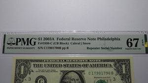 $1 2003 Repeater Serial Number Federal Reserve Currency Bank Note Bill PMG UNC67