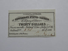 Load image into Gallery viewer, $20 1861 Confederate Bond Coupon Certificate Currency Bank Note Bill UNC