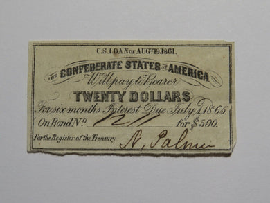 $20 1861 Confederate Bond Coupon Certificate Currency Bank Note Bill UNC