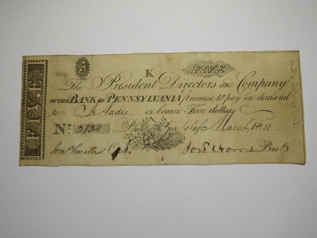 $5 1811 Philadelphia Pennsylvania PA Obsolete Currency Note Bill Bank of PA