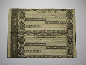 $5 18__ Windsor Vermont VT Obsolete Currency Uncut Bank Sheet Notes UNC++
