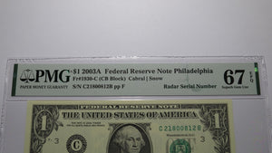 $1 2003 Radar Serial Number Federal Reserve Currency Bank Note Bill PMG UNC67EPQ
