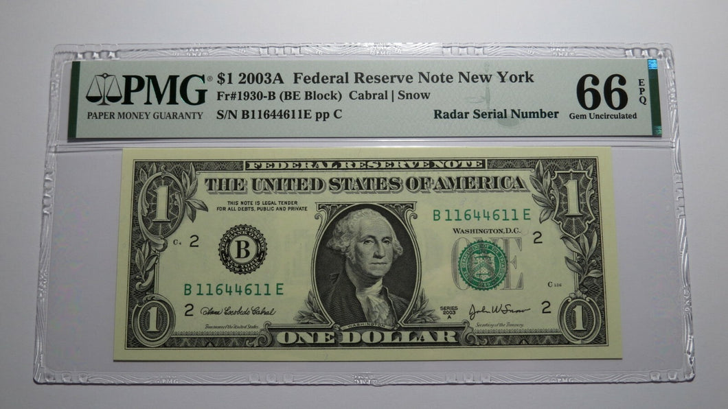 $1 2003 Radar Serial Number Federal Reserve Currency Bank Note Bill PMG UNC66EPQ