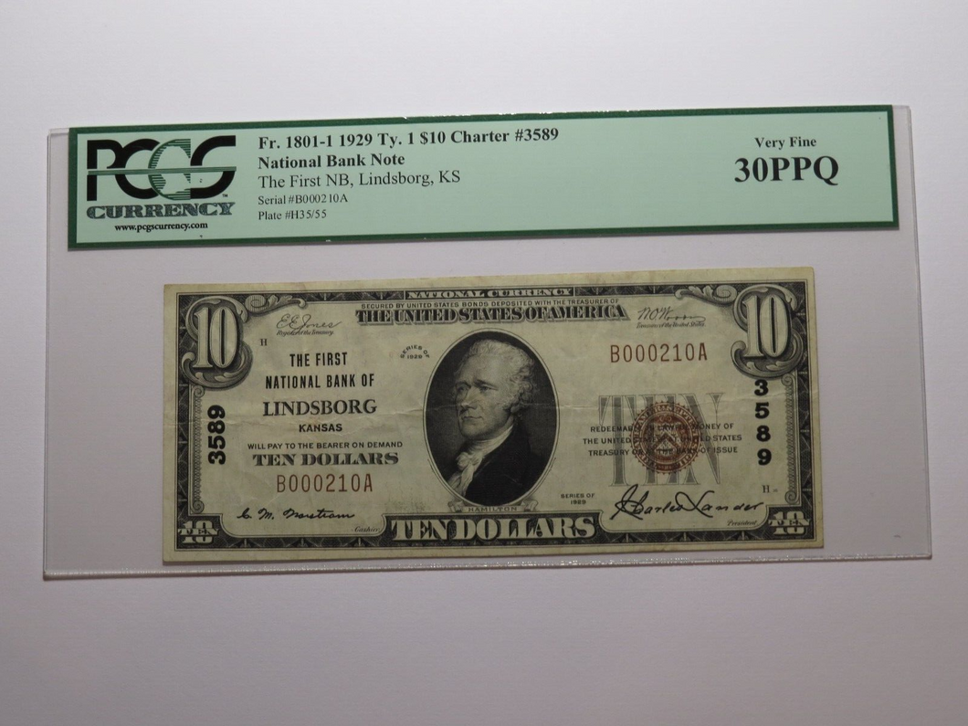 $10 1929 Lindsborg Kansas KS National Currency Bank Note Bill Ch #3589 VF30 PCGS
