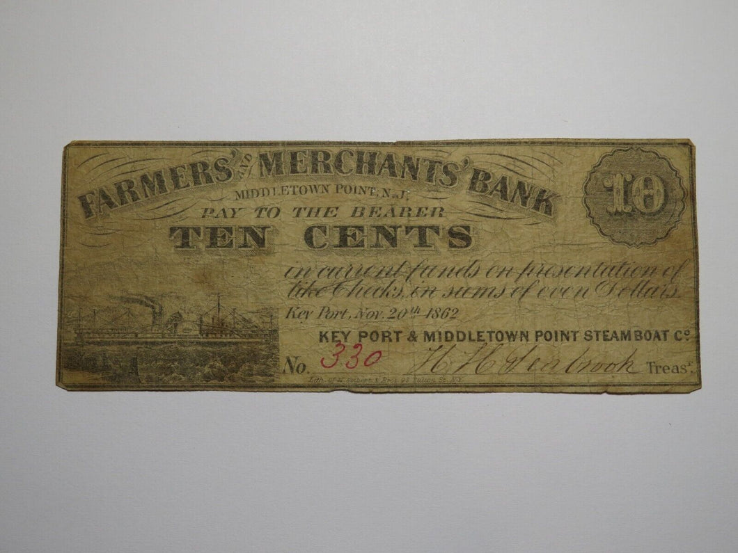 $.10 1862 Middletown Point New Jersey Obsolete Currency Bank Note Bill Keyport
