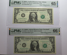 Load image into Gallery viewer, 2 $1 1969 &amp; 2003 Matching Radar Serial Numbers Federal Reserve Bank Note Bills