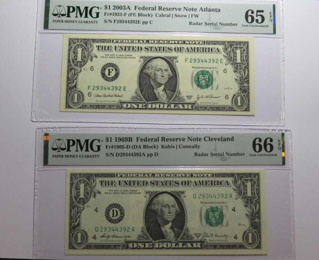 2 $1 1969 & 2003 Matching Radar Serial Numbers Federal Reserve Bank Note Bills