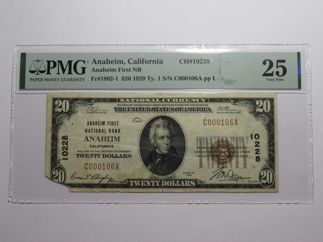 $20 1929 Anaheim California National Currency Bank Note Bill Ch. #10228 VF25 PMG