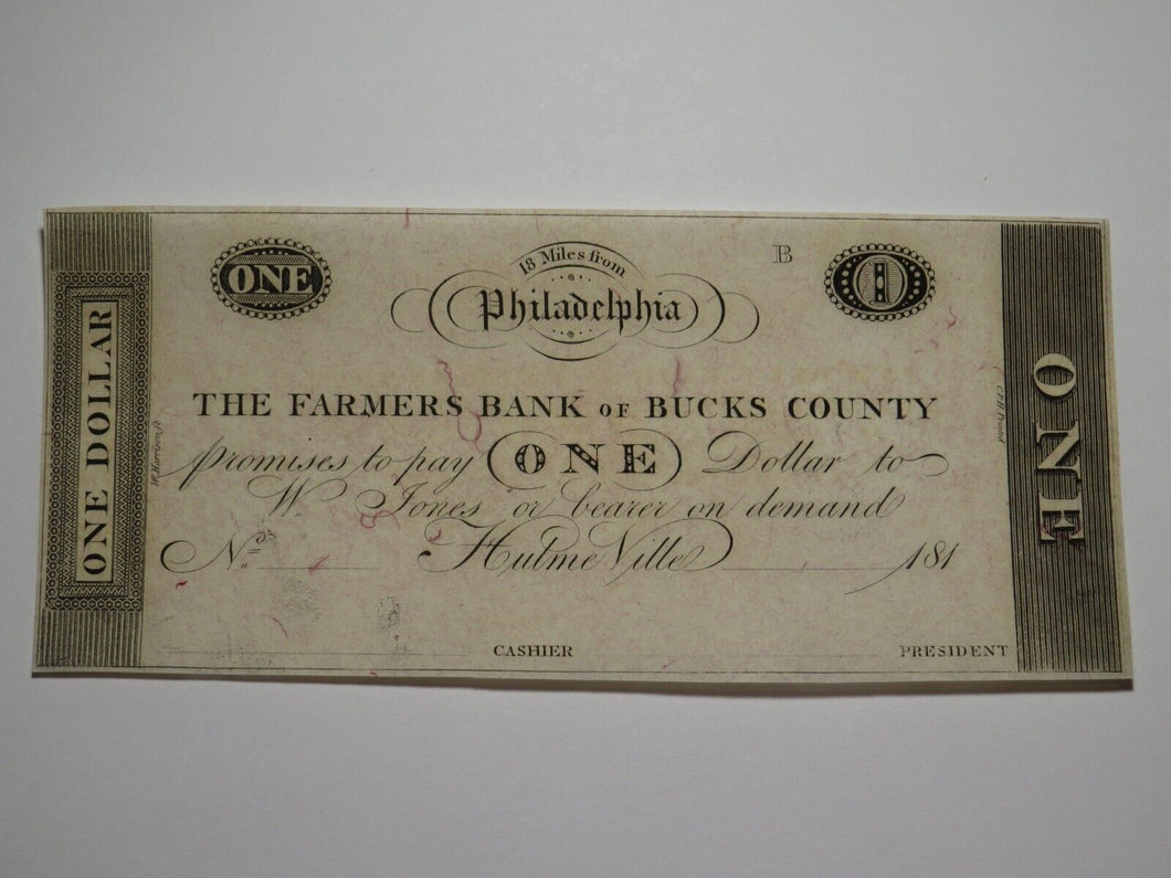$1 181_ Hulme Ville Pennsylvania Obsolete Currency Bank Note Philadelphia UNC++