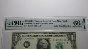 $1 2003 Radar Serial Number Federal Reserve Currency Bank Note Bill PMG UNC66EPQ