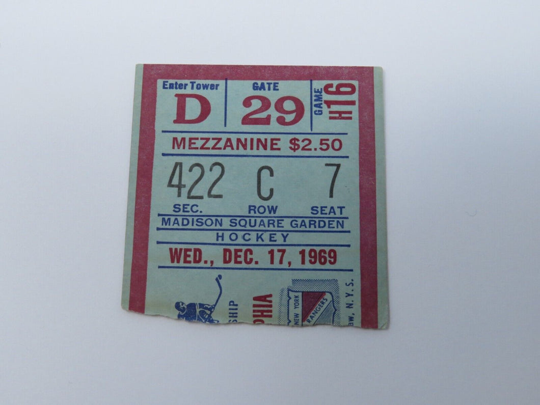 December 17, 1969 New York Rangers Vs Philadelphia Flyers NHL Hockey Ticket Stub
