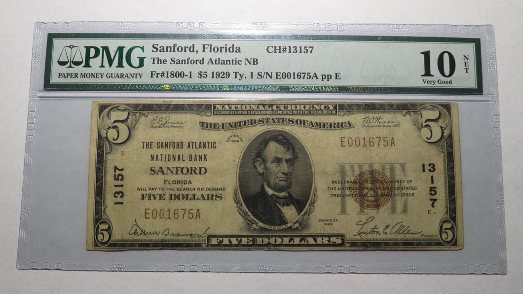 $5 1929 Sanford Florida FL National Currency Bank Note Bill Ch. #13157 VG10 PMG