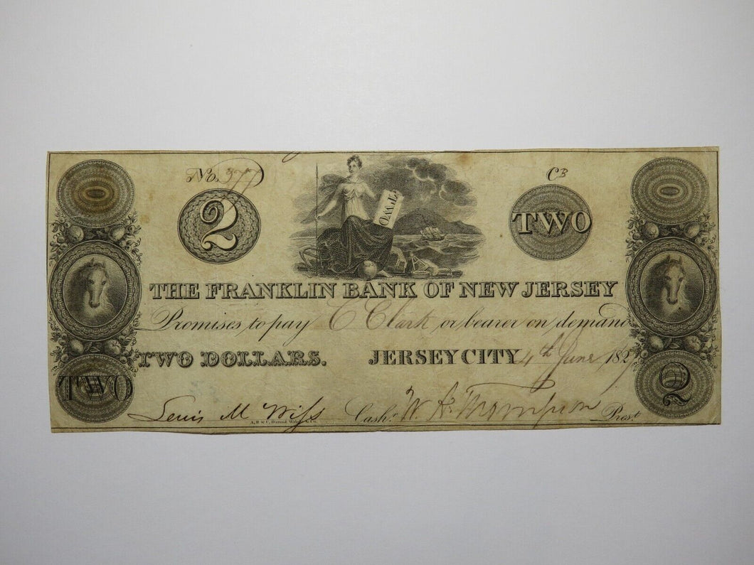 $2 1821 Jersey City New Jersey Obsolete Currency Bank Note Bill Franklin Bank