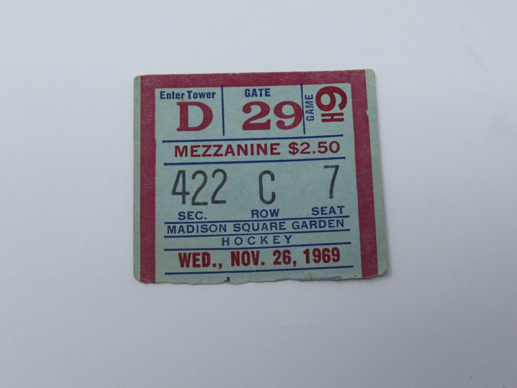 November 26, 1969 New York Rangers Boston Bruins Hockey Ticket Stub Giacomin SO