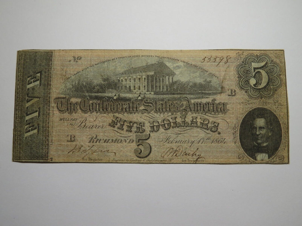 $5 1864 Richmond Virginia VA Confederate Currency Bank Note Bill RARE T69 FINE