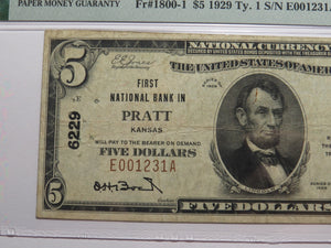 $5 1929 Pratt Kansas KS National Currency Bank Note Bill Charter #6229 VF25 PMG
