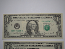 Load image into Gallery viewer, 2 $1 1988 &amp; 2003 Matching Low Serial Numbers Federal Reserve Bank Notes Repeater