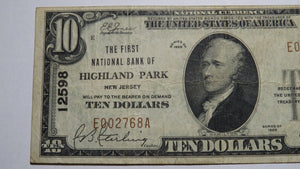 $10 1929 Highland Park New Jersey NJ National Currency Bank Note Bill #12598 VF+