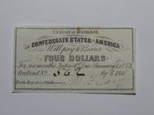 Load image into Gallery viewer, $4 1861 Confederate Bond Coupon Certificate Currency Bank Note Bill UNC