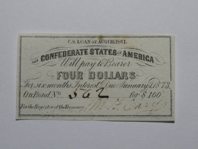 $4 1861 Confederate Bond Coupon Certificate Currency Bank Note Bill UNC