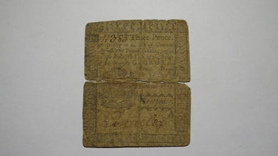 1772 Three Pence Pennsylvania PA Colonial Currency Bank Note Bill RARE ISSUE 3d