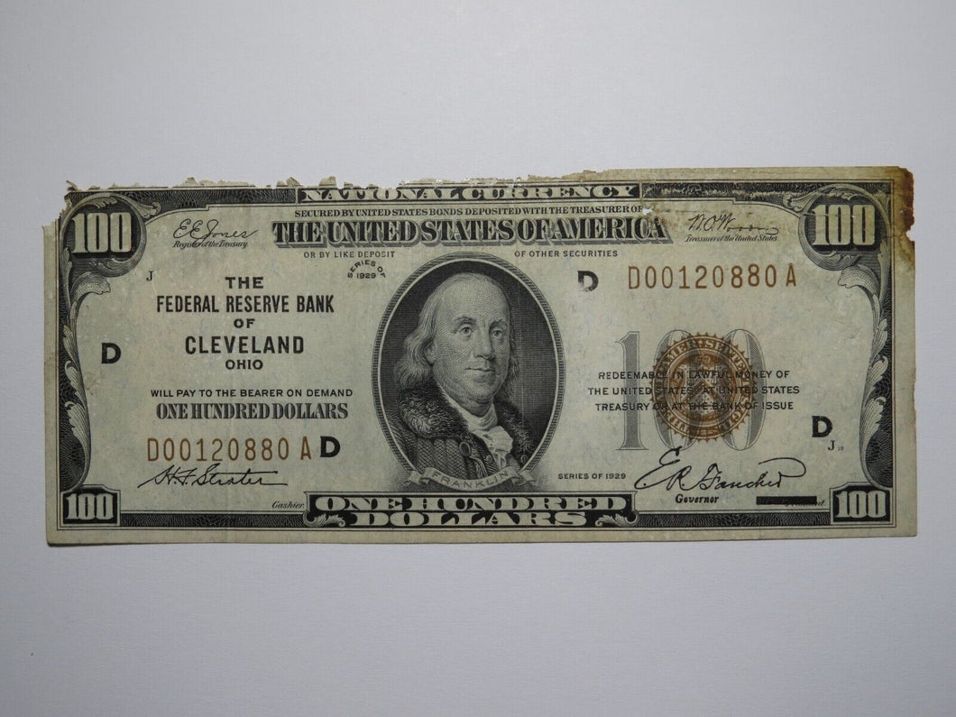 $100 1929 Cleveland Ohio National Currency Note Federal Reserve Bank Note Bill