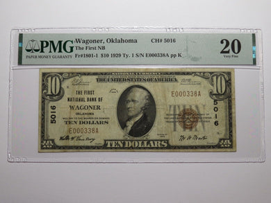 $10 1929 Wagoner Oklahoma OK National Currency Bank Note Bill Ch. #5016 VF20 PMG
