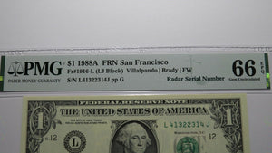 $1 1988 Radar Serial Number Federal Reserve Currency Bank Note Bill PMG UNC66EPQ