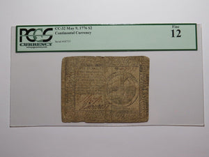 $2 1776 Continental Colonial Currency Note Bill Philadelphia PA F12 PCGS Graded