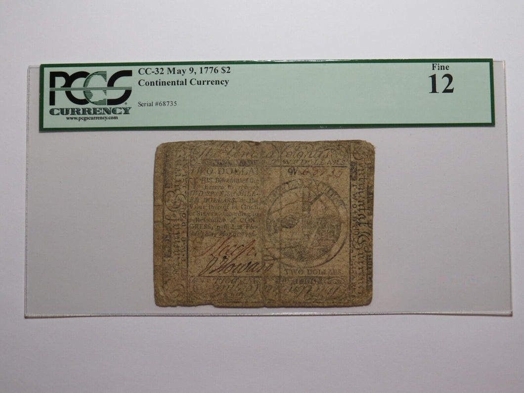 $2 1776 Continental Colonial Currency Note Bill Philadelphia PA F12 PCGS Graded