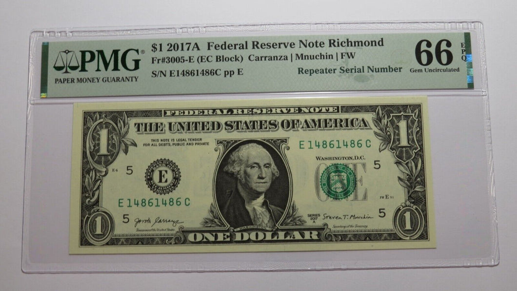 $1 2017 Repeater Serial Number Federal Reserve Currency Bank Note Bill PMG UNC66