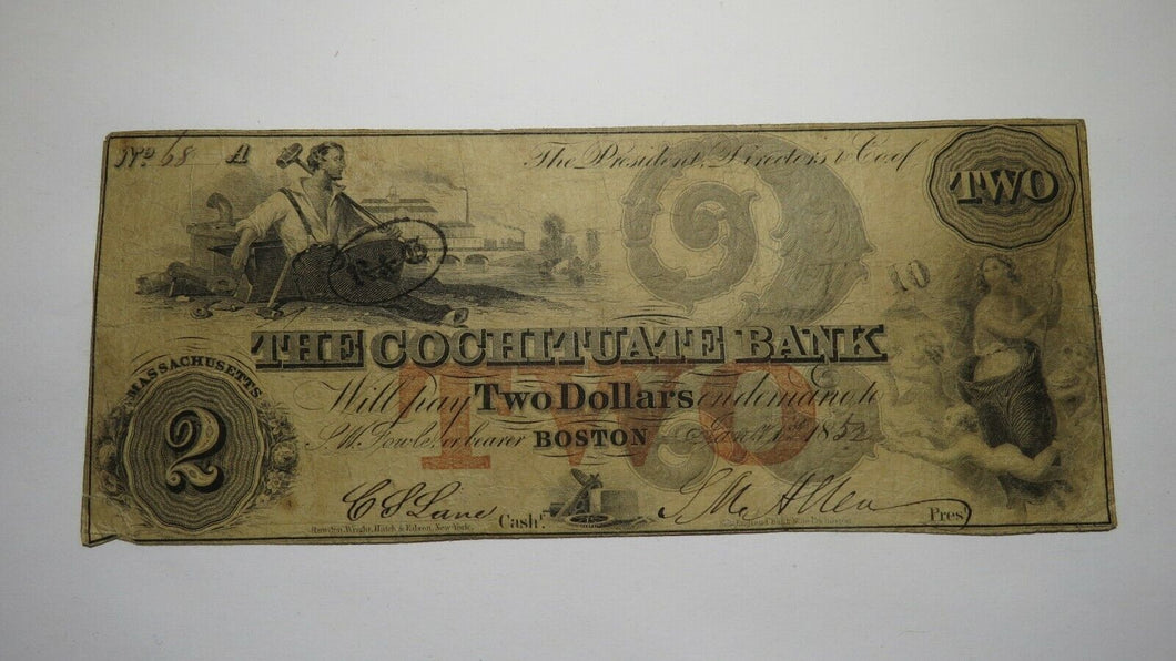 $2 1852 Boston Massachusetts MA Obsolete Currency Bank Note Bill Cochituate Bank