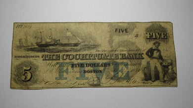 $5 1853 Boston Massachusetts MA Obsolete Currency Bank Note Bill Cochituate Bank
