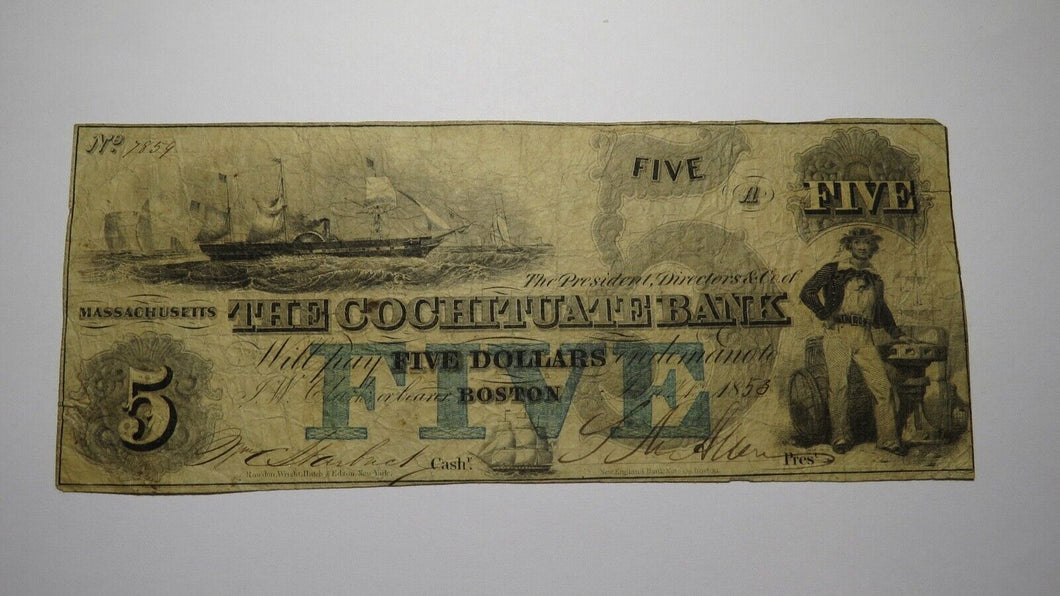 $5 1853 Boston Massachusetts MA Obsolete Currency Bank Note Bill Cochituate Bank